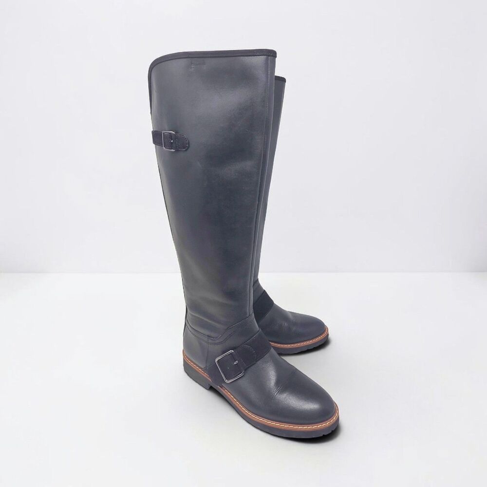 Franco Sarto Black Leather Boots Women 7.5M L-Cutler Tall Riding Buckle Lug Sole